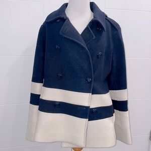 Blue and white striped pea coat